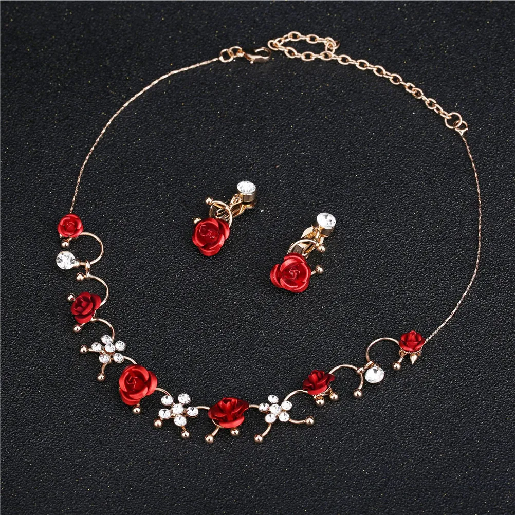 Vintage Style Red Rose Flower Pendant Necklace Earrings Jewelry Set