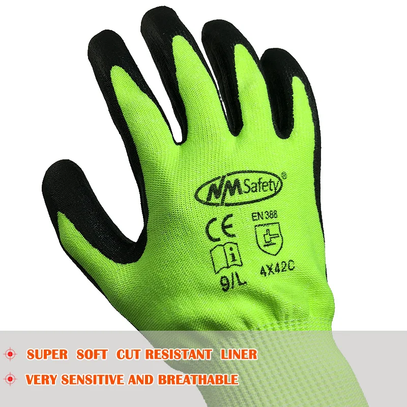 NMSafety 1 Pair High Quality Super Soft Type Hi-viz Yellow Safety Cut Resistant Working Gloves