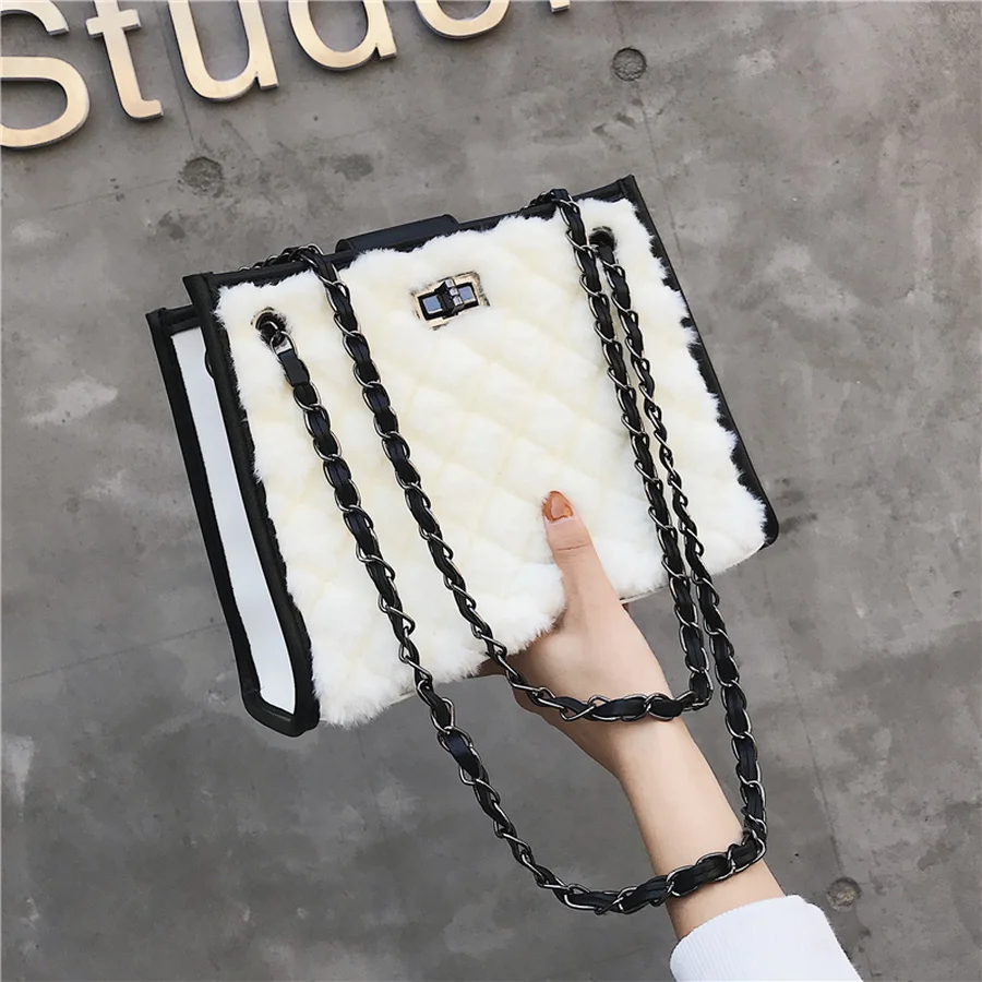 

MANFUNI Ins New Rhombic Plush Shoulder Bag for Women Casual Wild Chain Messenger Bag Ladies Solid Color Large Capacity Tote Bag