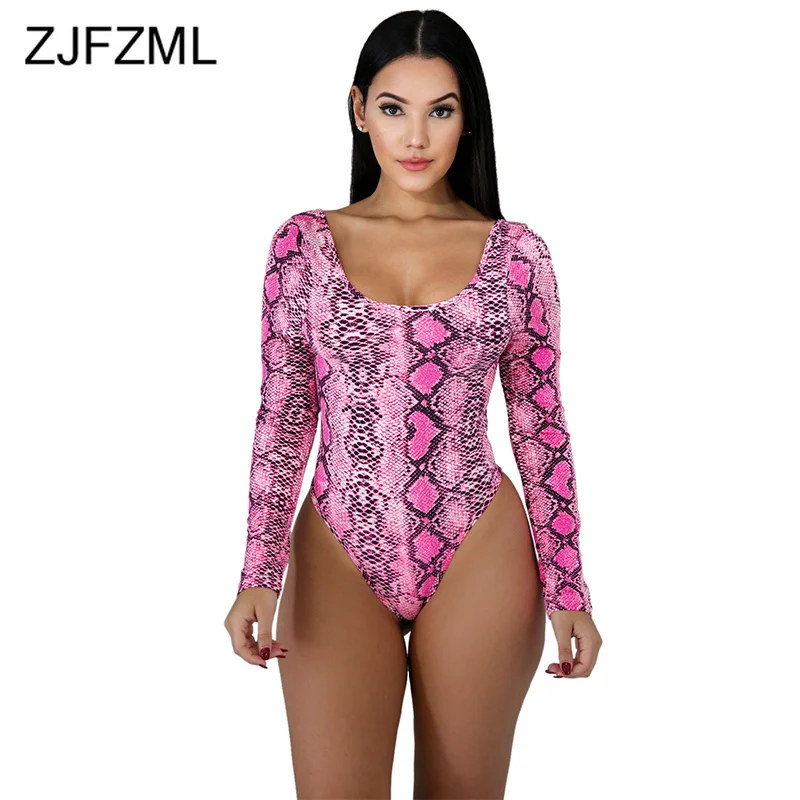 

Sexy Snake Print Bandage Bodysuits Women Scoop Neck Long Sleeve Swimwear Beach Jumpsuit Summer Backless One Piece Short Overall