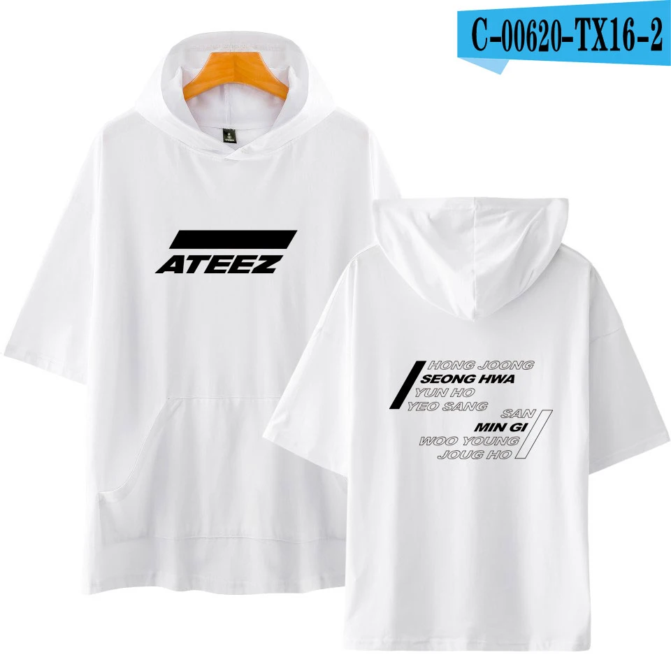 KELUOXIN Лето ATEEZ короткий рукав с капюшоном для женщин и мужчин хлопок свободная футболка Harajuku Хип Хоп популярная футболка ATEEZ Camisetas - Цвет: white