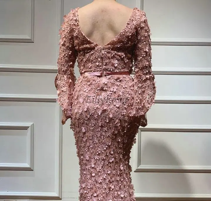 Dusty Rose Pink Trumpet Long Sleeve Prom Dresses Mermaid V Neck Lace 3D Flowers Elegant vestidos de Gala Dresses Ladies Party