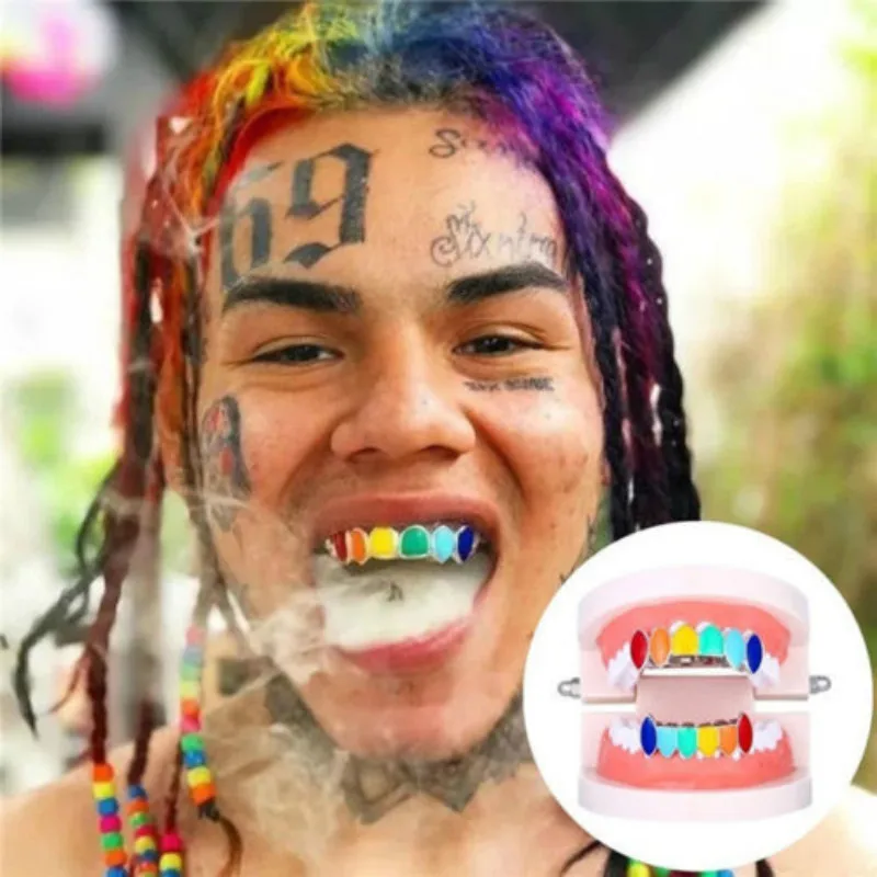 Hip Hop Gold Rainbow Teeth Grillz Top&Bottom Colorful Grills Dental Halloween Vampire Teethin