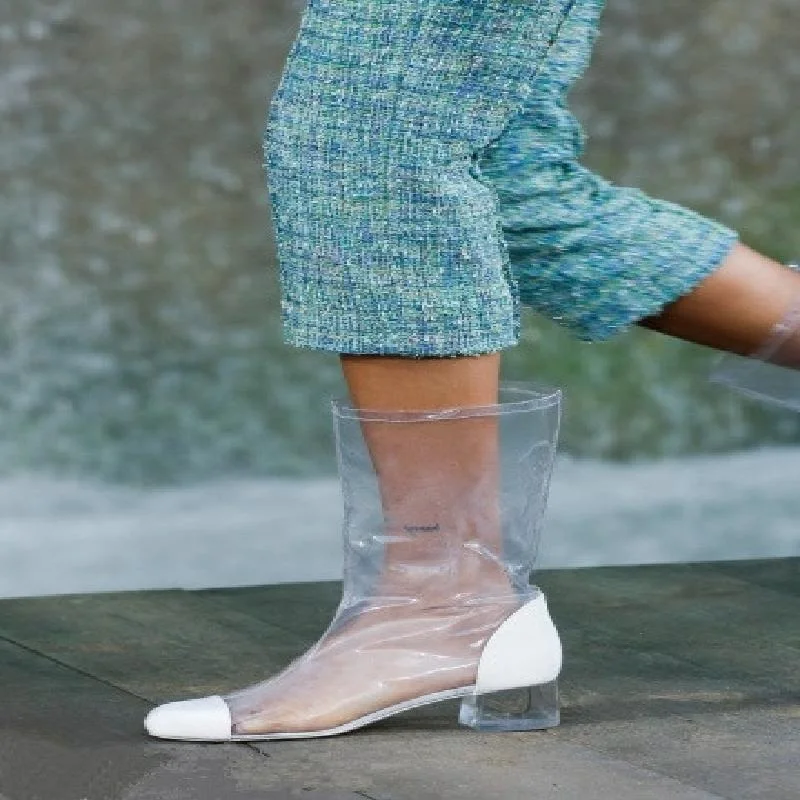 

New Summer Fall PVC Transparent Round Toe Chunky Heel Boots Fashion Slip On Mid-Calf Low Square Heel Women Rain Boots