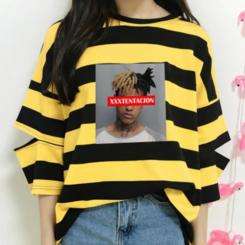 8 Модная женская летняя футболка, посвященная рэперу xxxtentacion с пятым полым рукавом полосатая футболка Женская Студенческая Корейская веер свободные K-pop футболки - Цвет: 8