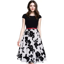 New Summer Fashion Women Tropical Swing A-line Dresses Elegant Short Sleeve Round Neck Fresh Floral Print Patchwork Dress A009