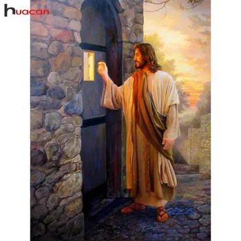 

HUACAN Diamond Embroidery Jesus Came Knocking Door 5d Diy Diamond Painting Christian Series Full Square Drill Mosaic Painting