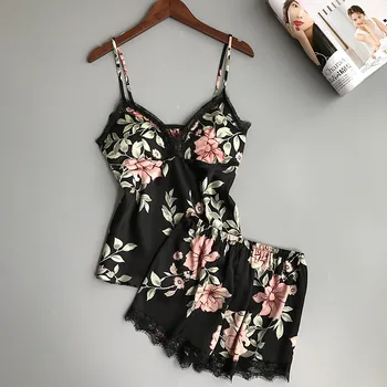 

Floral Print Lace Cami Top And Shorts Satin Silk Pajama Set 2018 Women Spaghetti Strap Sleeveless Patchwork Elegant Sleepwear