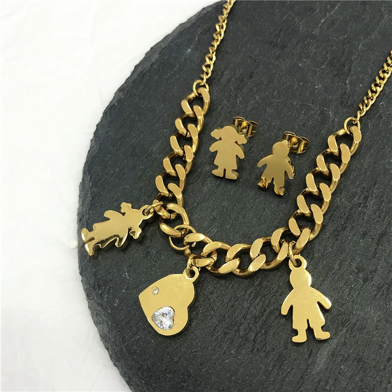 

Stainless Steel Sets Boy Girl Mom Dad Family Heart Necklace Pendant Earrings Parents Son Daughter Chain Charms Mother's Day Gift