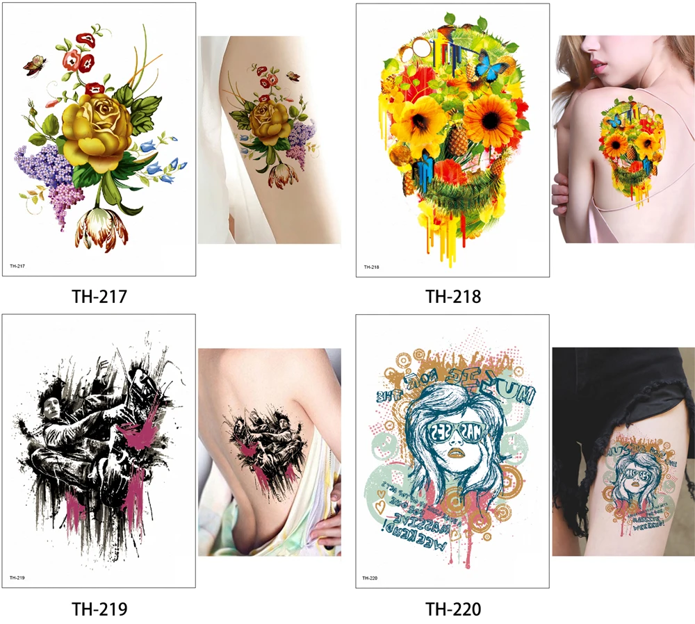 14,8*21 см, 24 дизайна, 1 лист, цветок, рука, татуировка, наклейка, временная нога, задняя талия, художественная татуировка, Череп, Орел, макияж