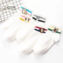 Японский Корейский стиль, Женские Жаккардовые короткие носки с круглым вырезом, милый мультяшный щенок, яркие цветные полосатые хлопковые носки в рубчик