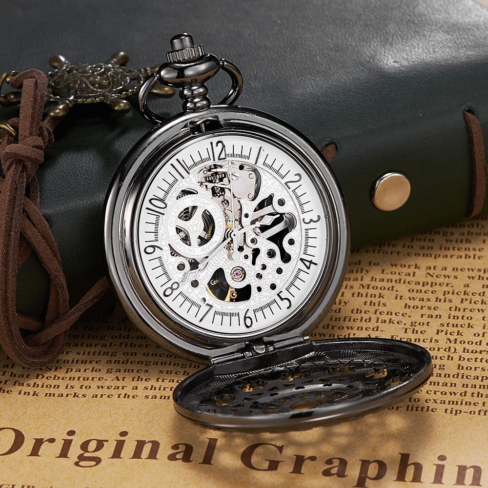 NEW Arrival Pocket Watch OUYAWEI Men's Fashion Mechanical Skeleton Clock Hand Wind  Black Stainless Steel Case White Dial  2019