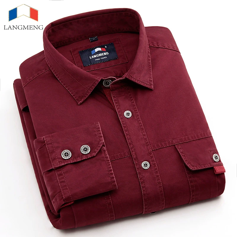 

LANGMENG 100% Cotton Mens Sport Shirts Long Sleeve Army Green Casual Shirt Men Camping Hiking Climbing Fishing Outdoor Coat