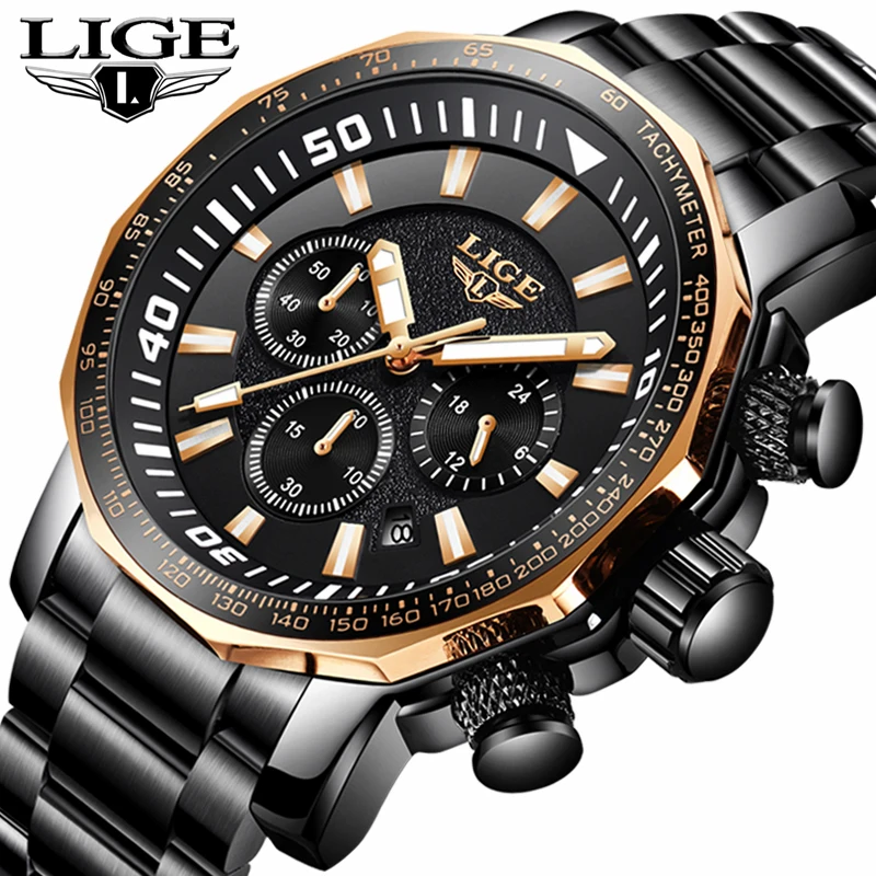 

LIGE Mens Watches Top Brand Luxury Chronograph Quartz Watch Men Full Steel Casual Sport Military Watches Black Relogio Masculino