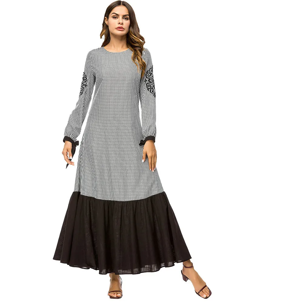 

Embroidery Flowers Plaid Maxi Dress Spring Woman Long Sleeves Loose Cotton Long Dress Robe Plus Size 4XL Arab Muslim Dresses