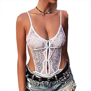 

Black White Lace Bodysuit 2019 Summer Bodysuits Women Rompers Sexy Club Party Bodysuits High Cut Through Body Mesh Straps M0209