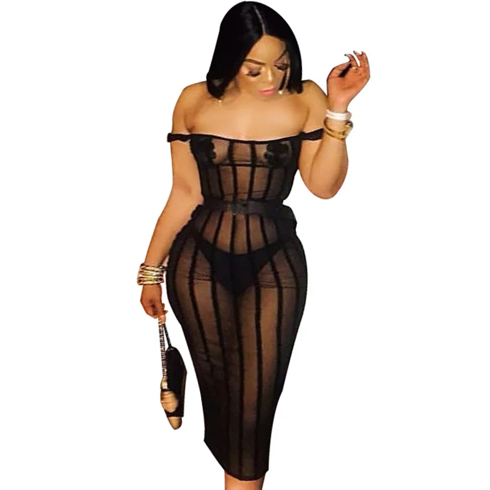 

Summer Women Sexy Stripe Sheer Mesh Bodycon Dress with Pasties Slash Neck Off Shoulder Sheath Club Party Dress Vestidos