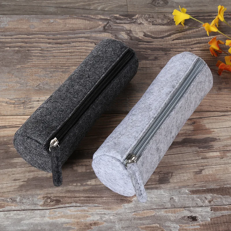 

fabric Felt Pencil Bag light gray Pencil box round shape Pencils case pens Makeup Bags casual clothes style gift for best friend