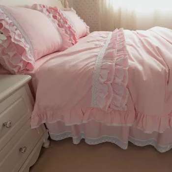 

Princess lace pure pink bedding set girls,twin full queen king cotton single double bedskirt bedspread pillow cases duvet cover