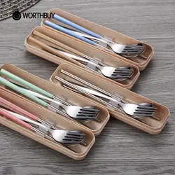 WORTHBUY Portable Dinnerware Set Stainless Steel Cutlery With Wheat Straw Handle Tableware Set For Kids School Dinner Set