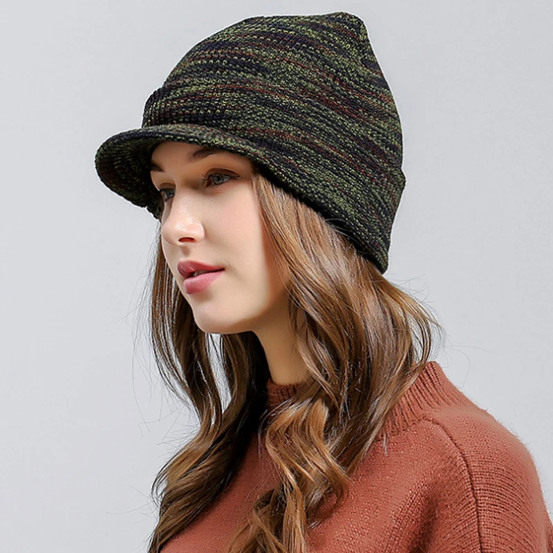 

Women Men Knitted Hat Army Style Thick Strips Wool Beanies Cap Autumn Winter Warm Visors Unisex Skiing Skullies Hats Bonnet