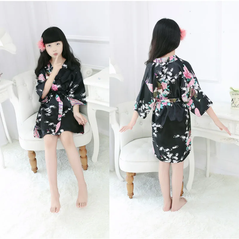 

9 Colors Fashion Kids Girls Satin Robe Floral Peacock Print Bathrobe Short Kimono Night Bathing Gown