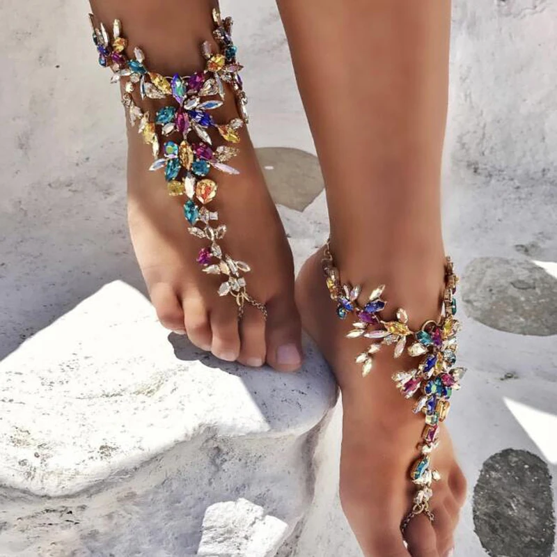 

Best lady New Anklet&Bracelet Colorful Crystal For Women Beach Vacation Barefoot Chain Women Beach Party Statement Jewelry Shiny