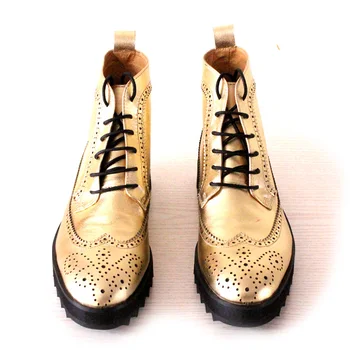 

British style pointed toe lace up high top men boots gold color carved fretwork ankle boot men shoes thick bottom casual boots