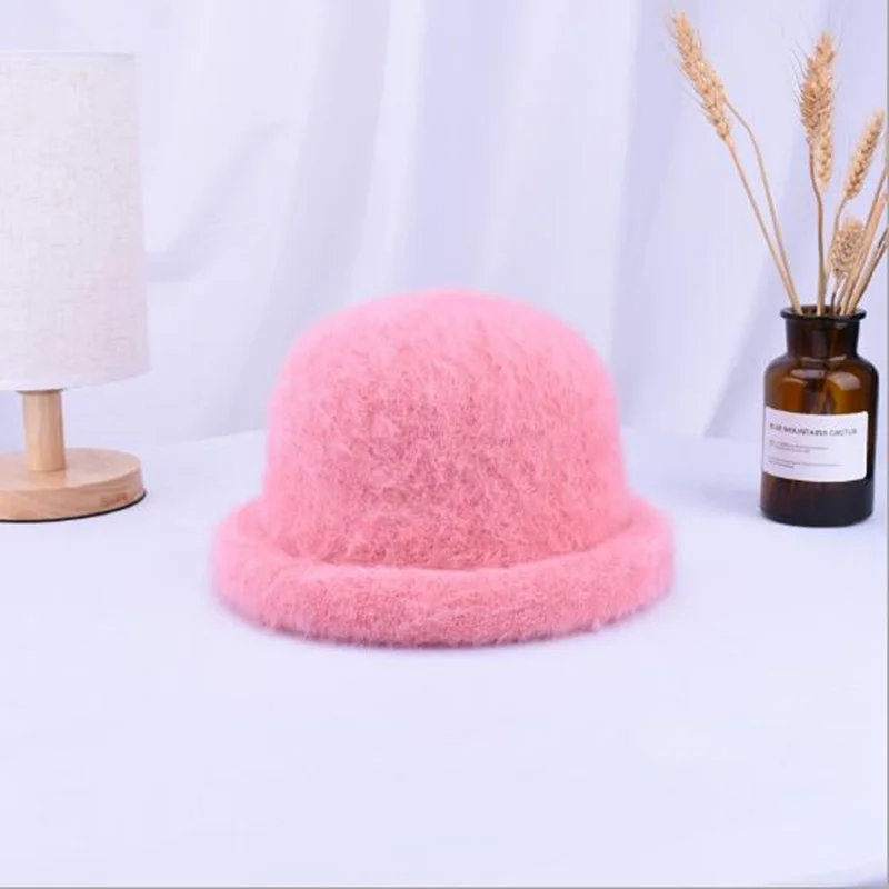 Winter Women New Cap Fur Thick Warm Bucket Hats Casual Solid Color Ladies Fur Fashion Cap Female H3 - Цвет: pink