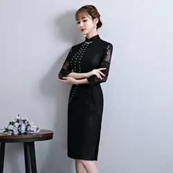 Черный Cheongsam невесты жениться китайское платье Для женщин современные Ципао платья кружевной халат Chinoise Orientale Свадебные Qipao Плюс Размеры 3XL