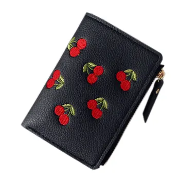 

Fashion Women Cherry Embroidery PU Leather Short Wallet Coin Purse Card Holders Lady Girl Cute Mini Money Bag Popular