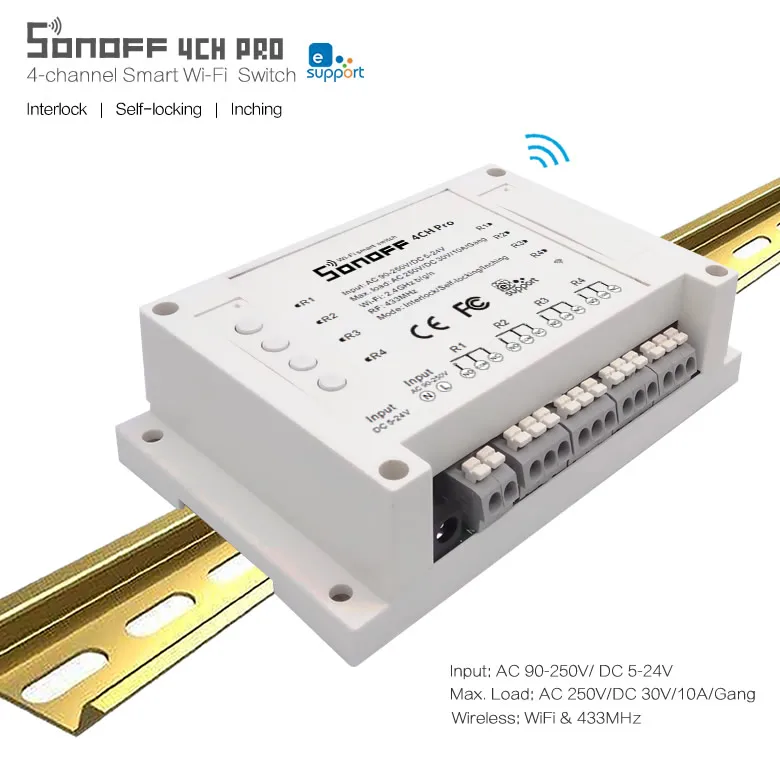 Sonoff 4CH Pro R2-4 банда WiFi RF Smart ON/OFF Пульт дистанционного управления таймером инчинг/самоблокирующийся/Блокировка на din-рейке