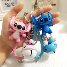 

Cartoon Anime Stitch Keyring Doll Keychain Leather Rope Bell Toys Key Ring Charms Keychain On The Bag Cute Animal Bag Pendant