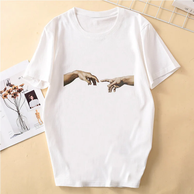 

Mona Lisa Cartoon T-shirt Womens Fun Kawaii Spoof Personality O-Neck Short-sleeved Fashion Harajuku Women T Shirt Casual Tshirt