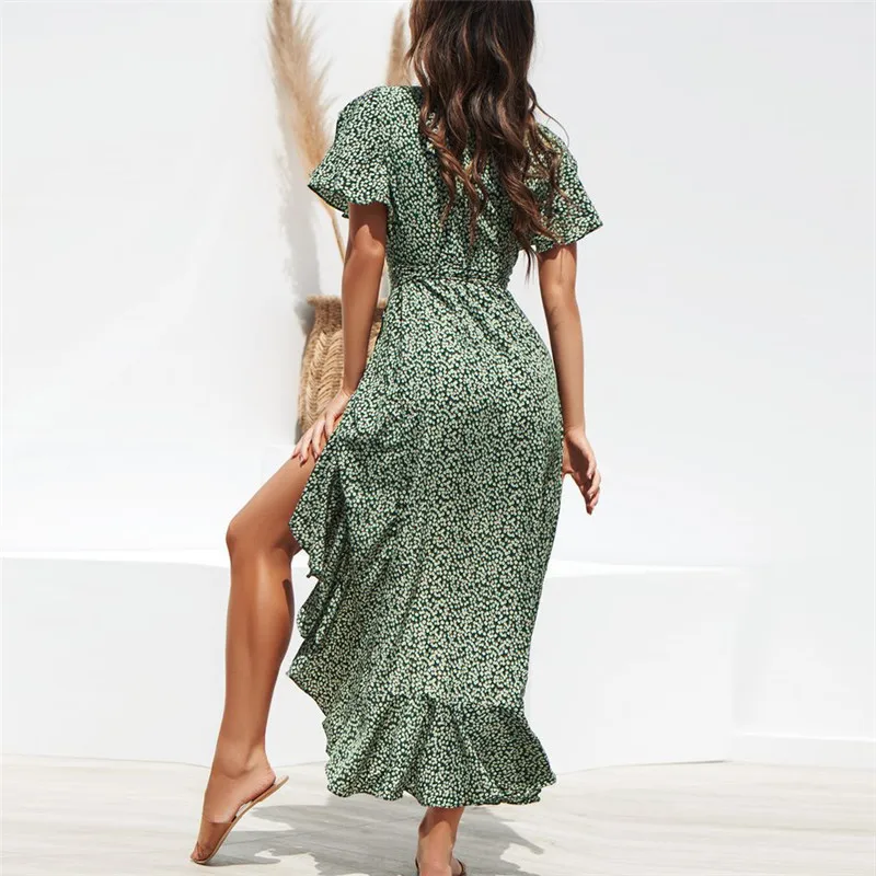 Long Wrap Dress 2020 Summer Boho Style Floral Print Maxi Beach Dress Sexy Side Split Elegant Party Dress Sundress Vestidos