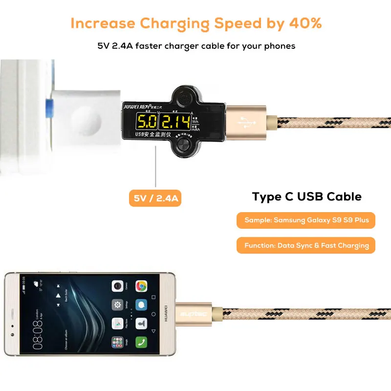SUPTEC 2 м 3 м usb type-C кабель для samsung S9 S8 Note 9 2.4A зарядное устройство Быстрая зарядка type-C кабель для huawei Xiaomi Oneplus 5 6 6t