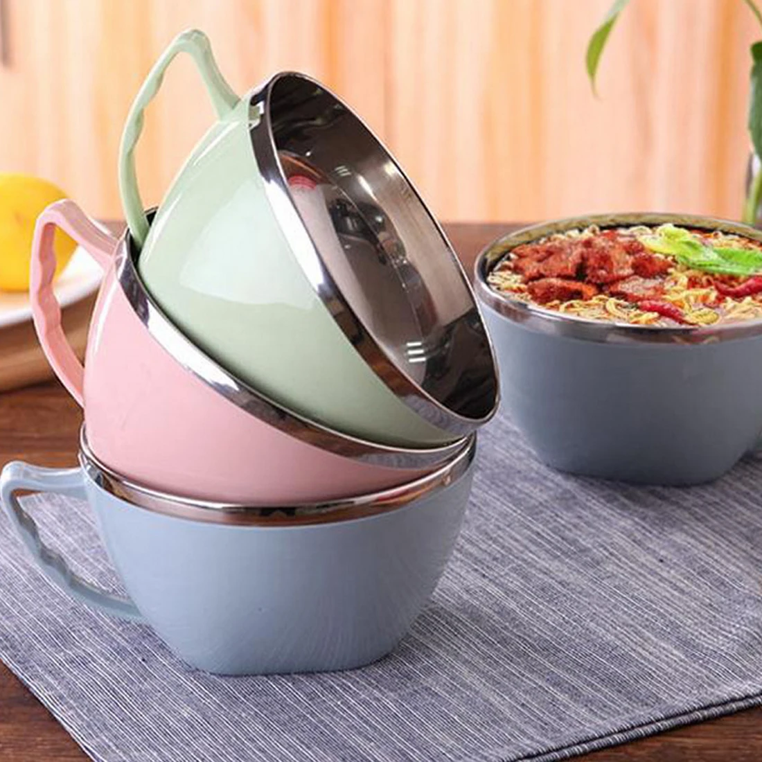 Stainless Steel Noodle Bowl With Handle Food Container Rice Bowl Soup Bowls