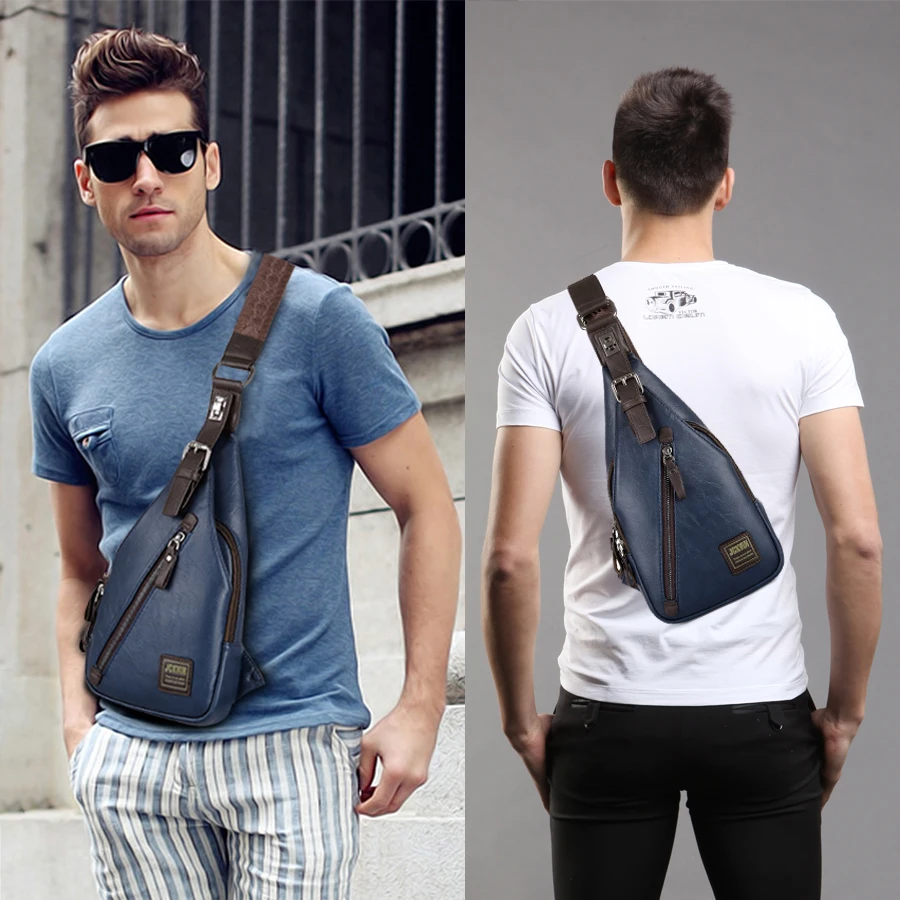 Bolso de mano a la moda para hombre, con botón giratorio a prueba de ftproof, bolsas de pecho de cuero abiertas, bolsos de hombro para hombre, paquete de cintura para pecho
