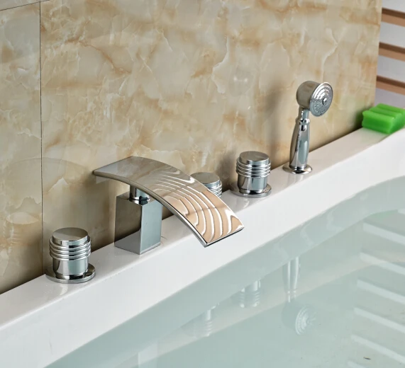 

Widespread 5pcs Neck Mounted Tub Faucet Three Handles Mixer Tap Chorme Polish