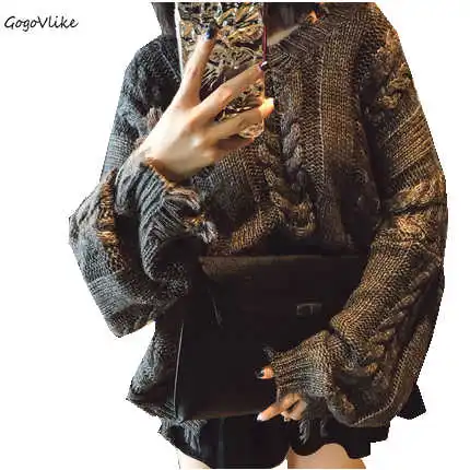 

Ripped Pullover Sweater Gray Women Irregular Knit Loose Top 2018 New Loose Knit Big size Sweater V Neck winter LT806S50