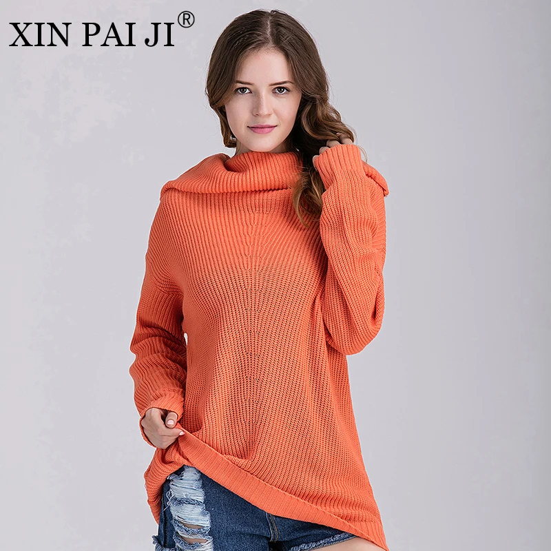 XIN PAI JI Women Loose Turtleneck Sweater And Pullover For Long Sleeve Orange Knitted 2017 Autumn Female Jumper | Женская одежда