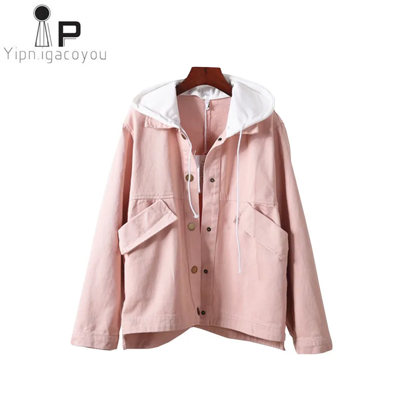 

Harajuku Denim Jacket For Women Outerwear 2019 Autumn Hooded Big size Fashion Yellow Pink Jeans Jacket Women Basic Coat Overcoat