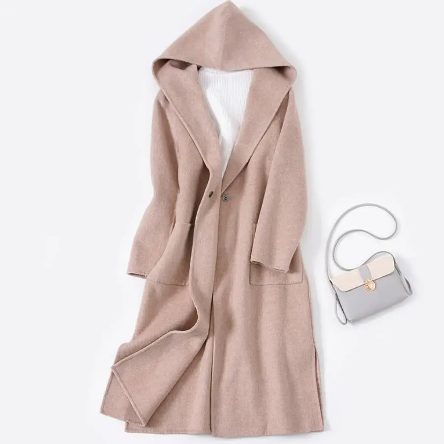 2018 Autumn Winter fashion Wool Coat Women Double-sided Cashmere Hooded Long Jacket Ladies Loose Vintage