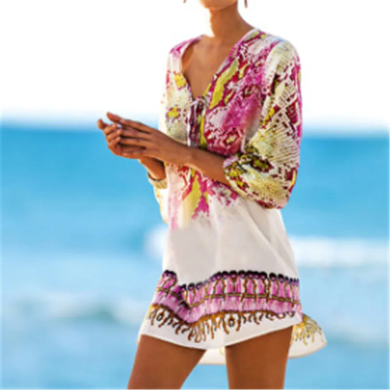 mesh bikini cover up Bohemia Chiffon Beach Cover Up Women Tunics Print Bikini Cover Up Female Beach Wear Pareo Swimsuit Beach Dress Blouse Cardigan womens bathing suit cover up