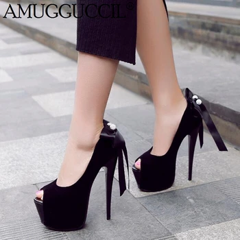 

Plus Big Size 33-43 Black Red Fashion Bowtie 15.5CM High Heels Platform Females Lady Shoes Women Lady Pumps D1171