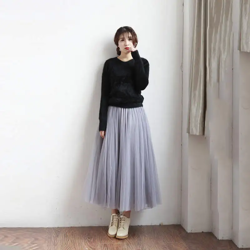 Summer Tulle Long Skirts Women Black Beige Gray White Mesh Pleated Skirt Layers Boal Gown Girl Vacation Beach Skirts