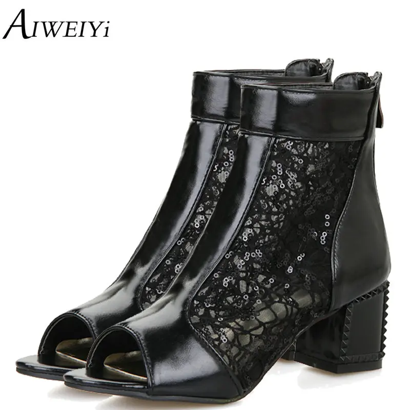

AIWEIYi Women's Summer Boots Square High Heels Cutouts Ankle Boots Spring Summer Casual Dress Shoes Peep toe Women Boots Sandals