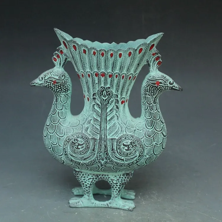 

TNUKK Chinese old bronze ornaments double phoenix phoenix peacock vase vase Home Furnishing decorative pot.