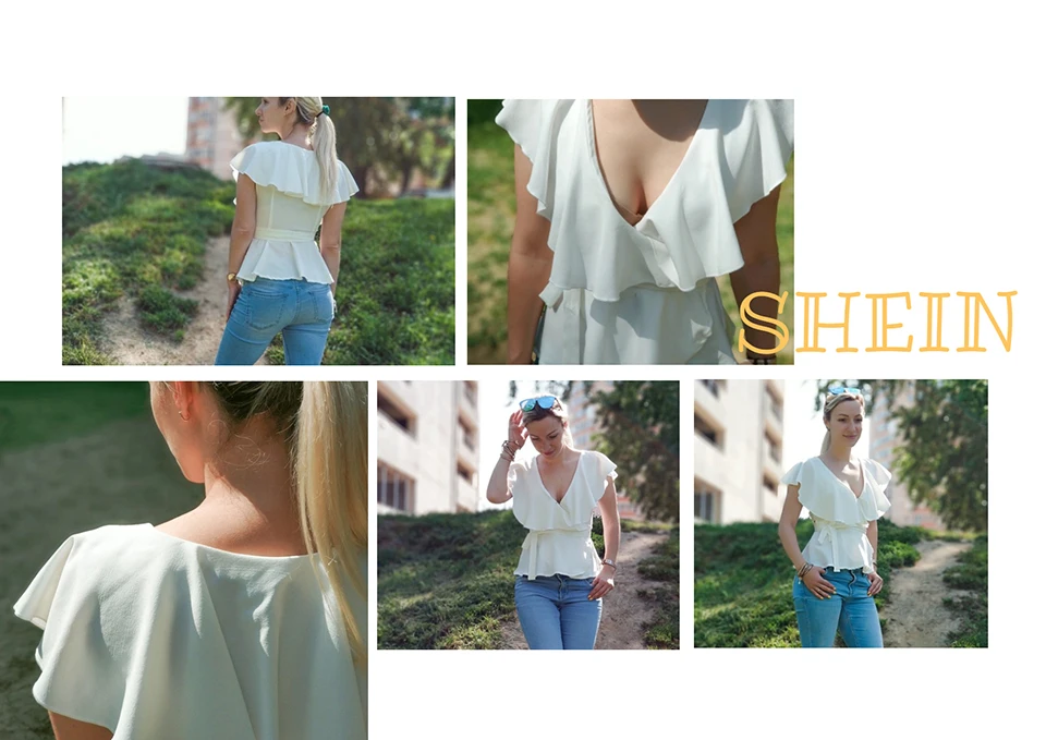 SHEIN abaya элегантная белая блузка с глубоким v-образным вырезом и оборками, завязанная блузка, Сексуальный Топ для женщин, без рукавов, с баской, летние блузки в богемном стиле