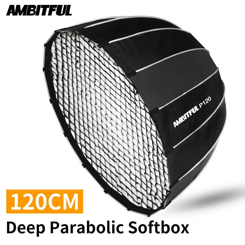

AMBITFUL P120 Portable 120CM 16 Rods Deep Parabolic Softbox with Honeycomb Grid Bowens Mount Studio Speedlite Flash Softbox